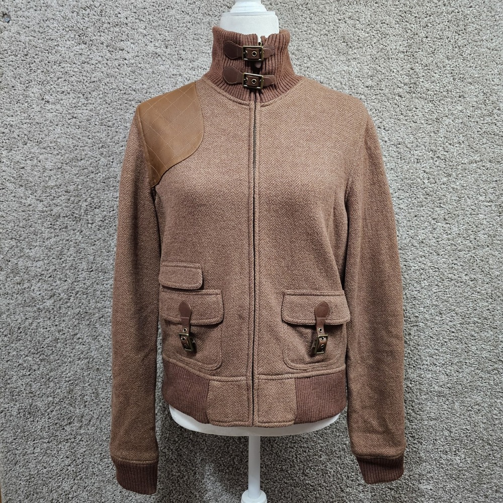 Vtg Ralph Lauren Women's L Wool Bomber Jacket Brown Hunting Buckle Stand Collar